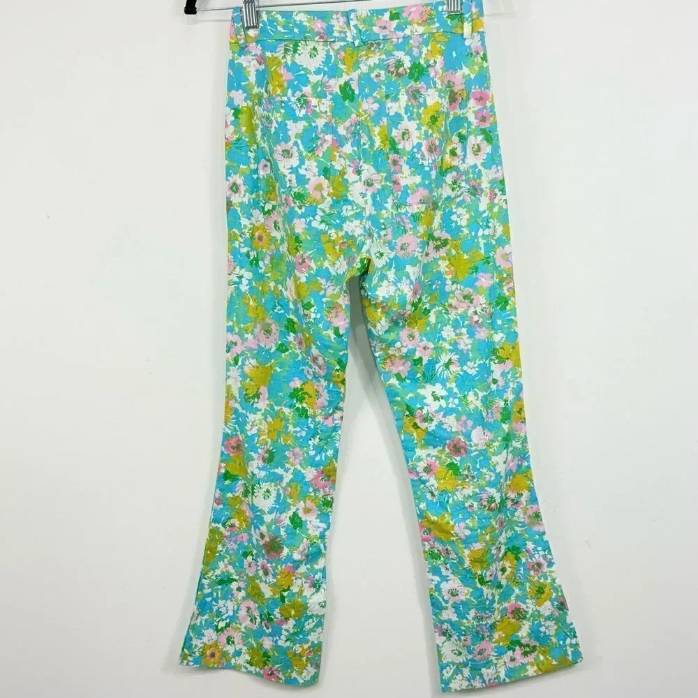 Zara Colorful Floral Retro Inspired Linen Blend High Rise Cropped Ankle Pants